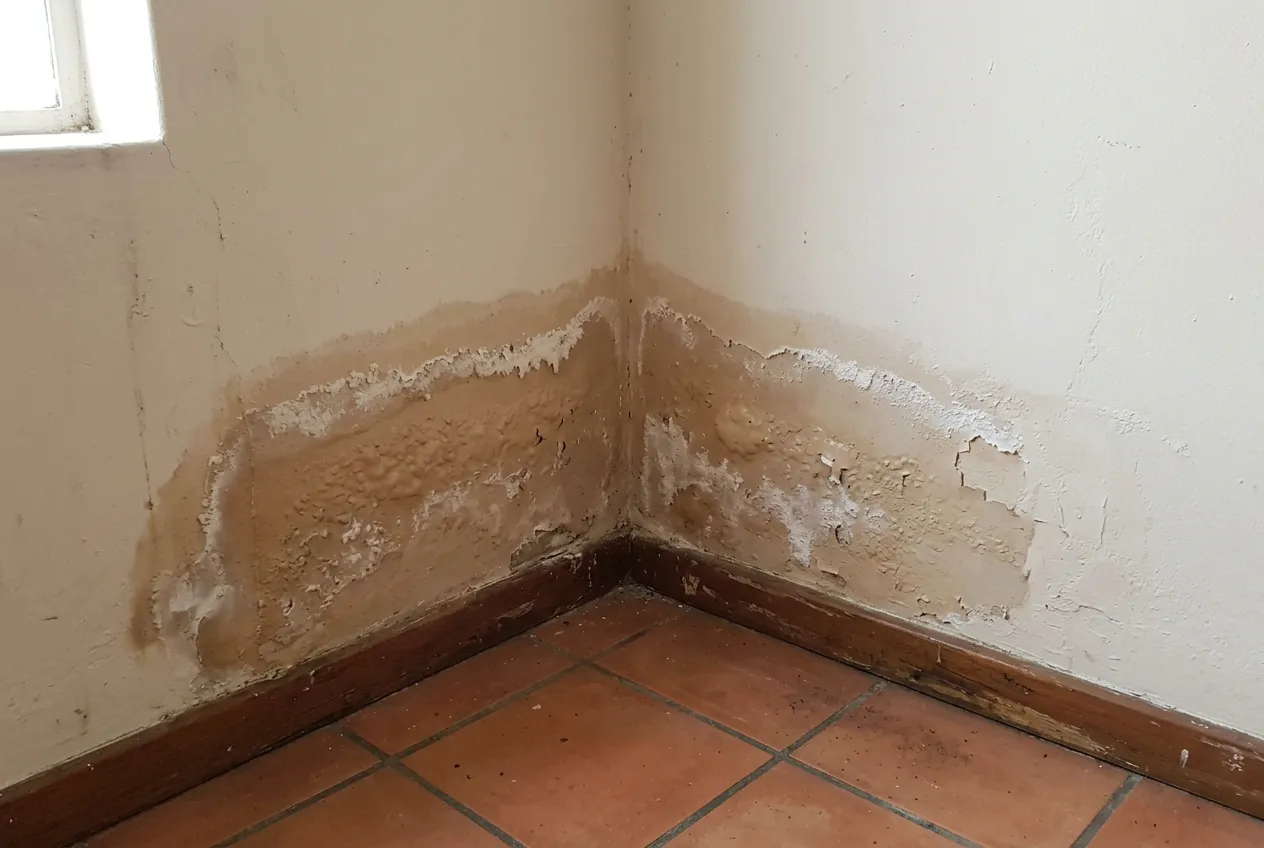 Interior wall of a Cape Town home showing rising damp: a tide-line of discoloured paint at knee height with bubbling plaster and salt bloom above the skirting
