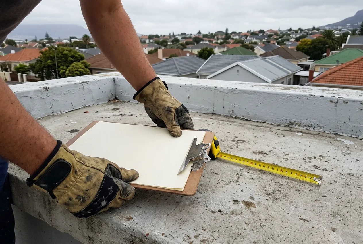 Contractor measuring up a flat concrete roof with a tape measure and clipboard for a waterproofing quote, Cape Town suburb rooftops in the background